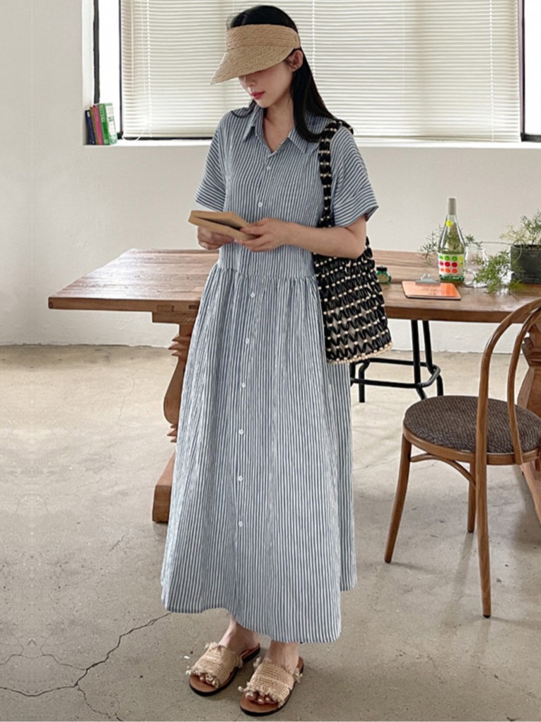 Korean Style A Line Shirt Dress - Robe chemise rayée ample style coréen