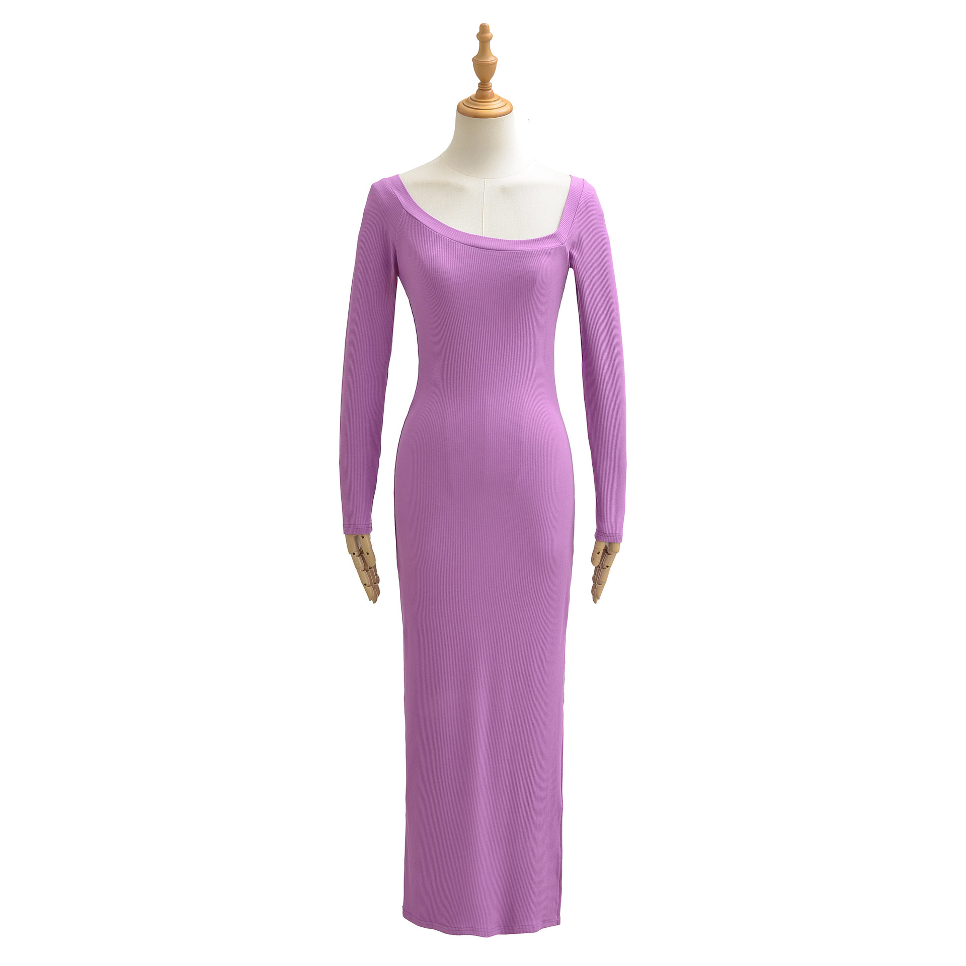 Bodycon Long Sleeve Ribbed Dress - Robe côtelée pour femme, col carré,
