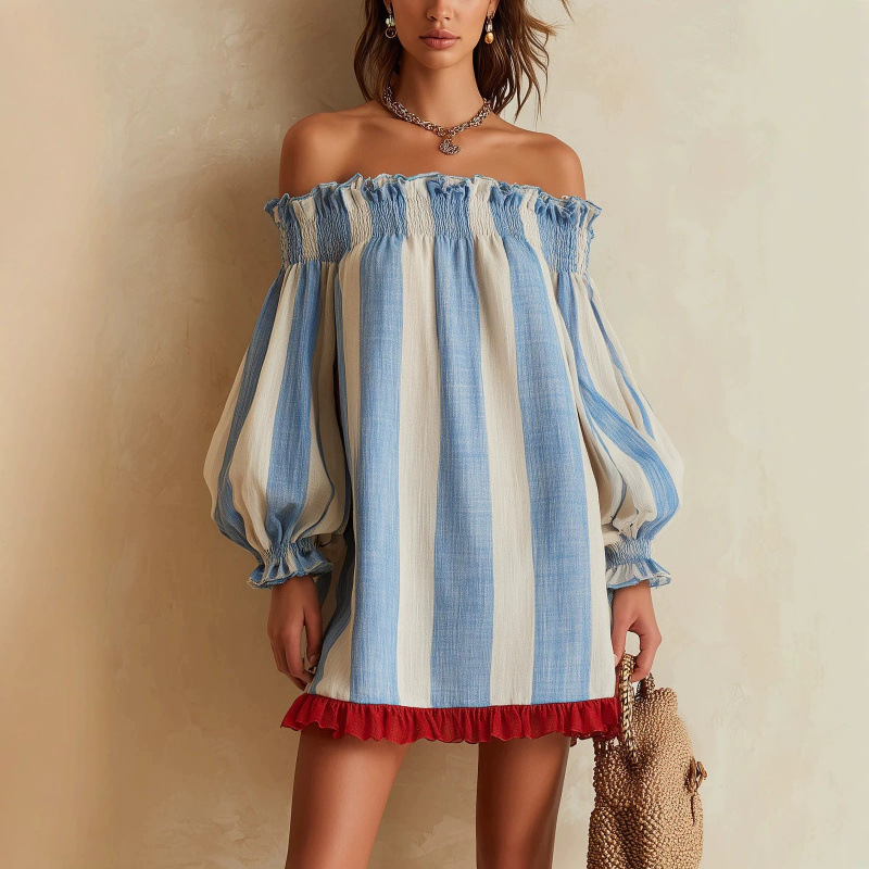 Off Shoulder Puff Sleeve Sundress - Robe courte ample bohème pour femme