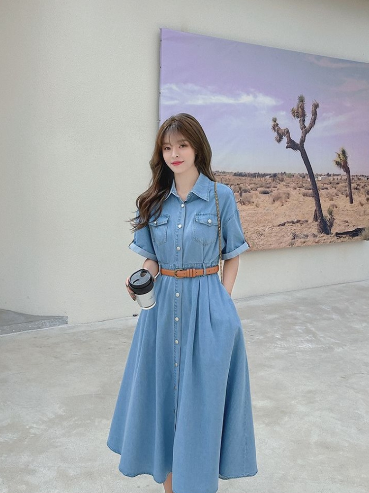 Korean Style A Line Shirt Dress - Robe en jean pour femme, nouvelle