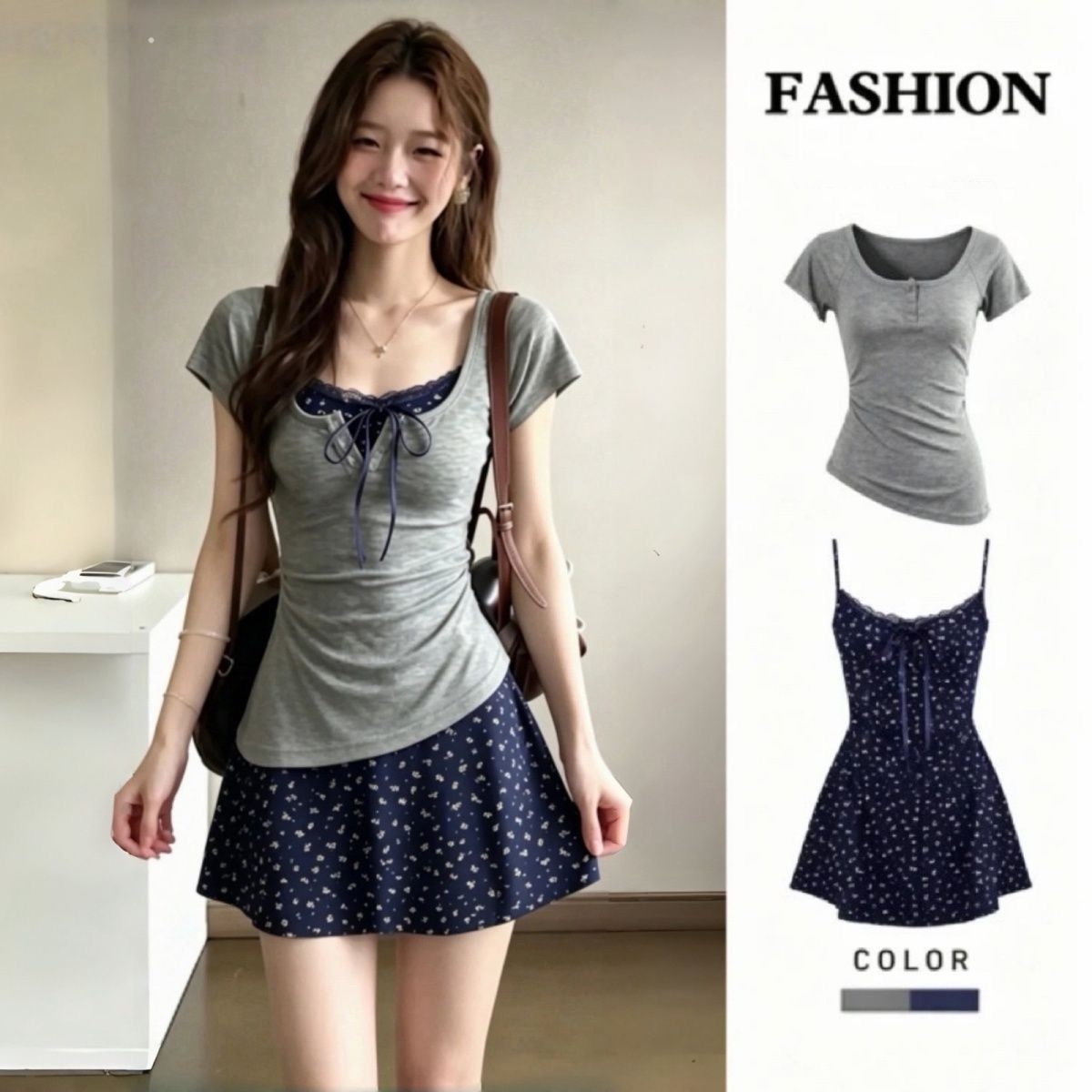 Korean Style A Line Shirt Dress - Ensemble deux pièces pour femme, style