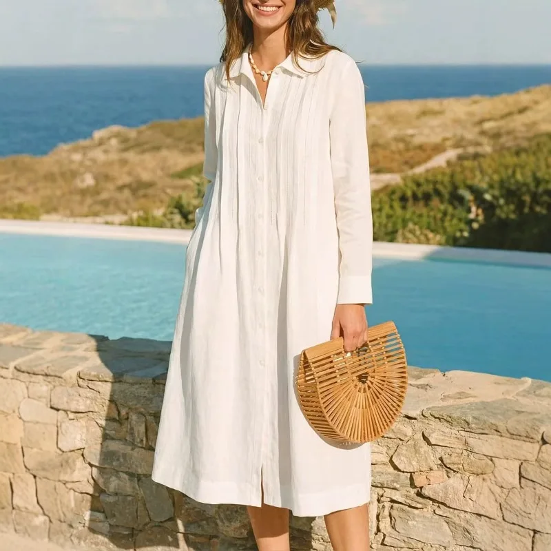 Casual Loose Linen Shirt Dress - Robe longue unie européenne, ample et