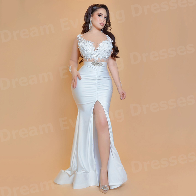 Elegant Satin Evening Gown Split - Robes de soirée sirène blanches élégantes