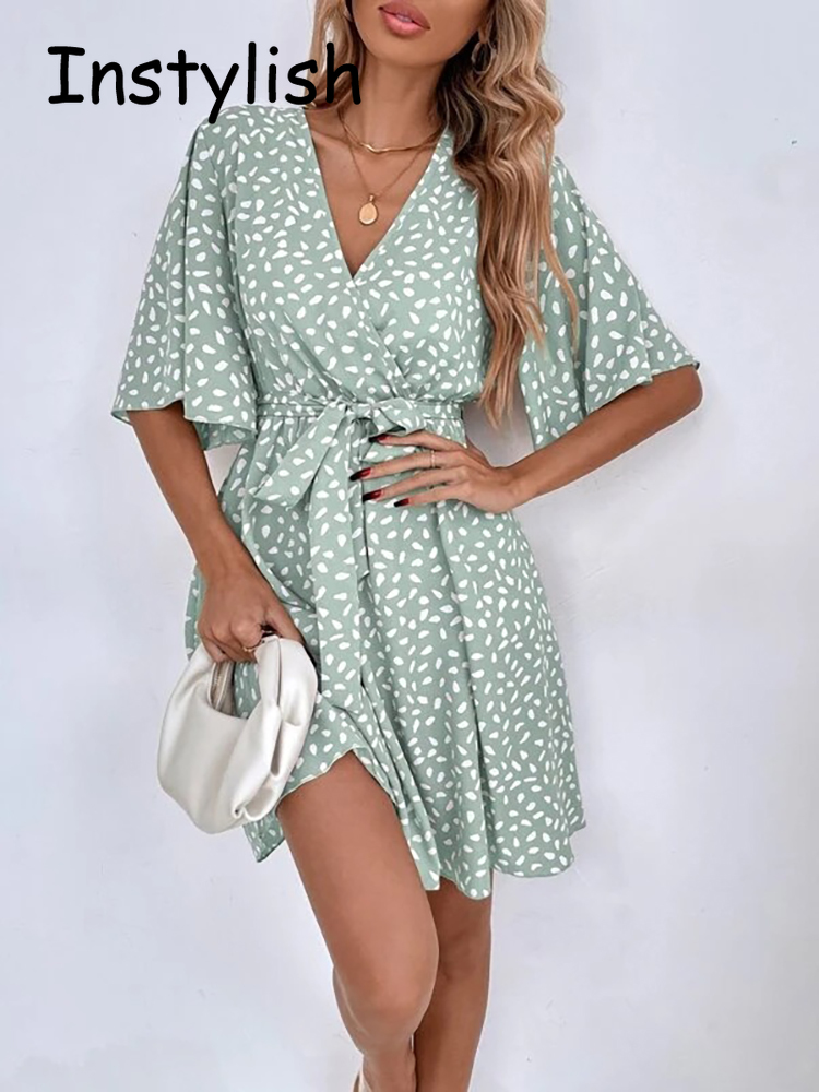 French Vintage Floral Midi Dress - Mini robe décontractée à pois avec