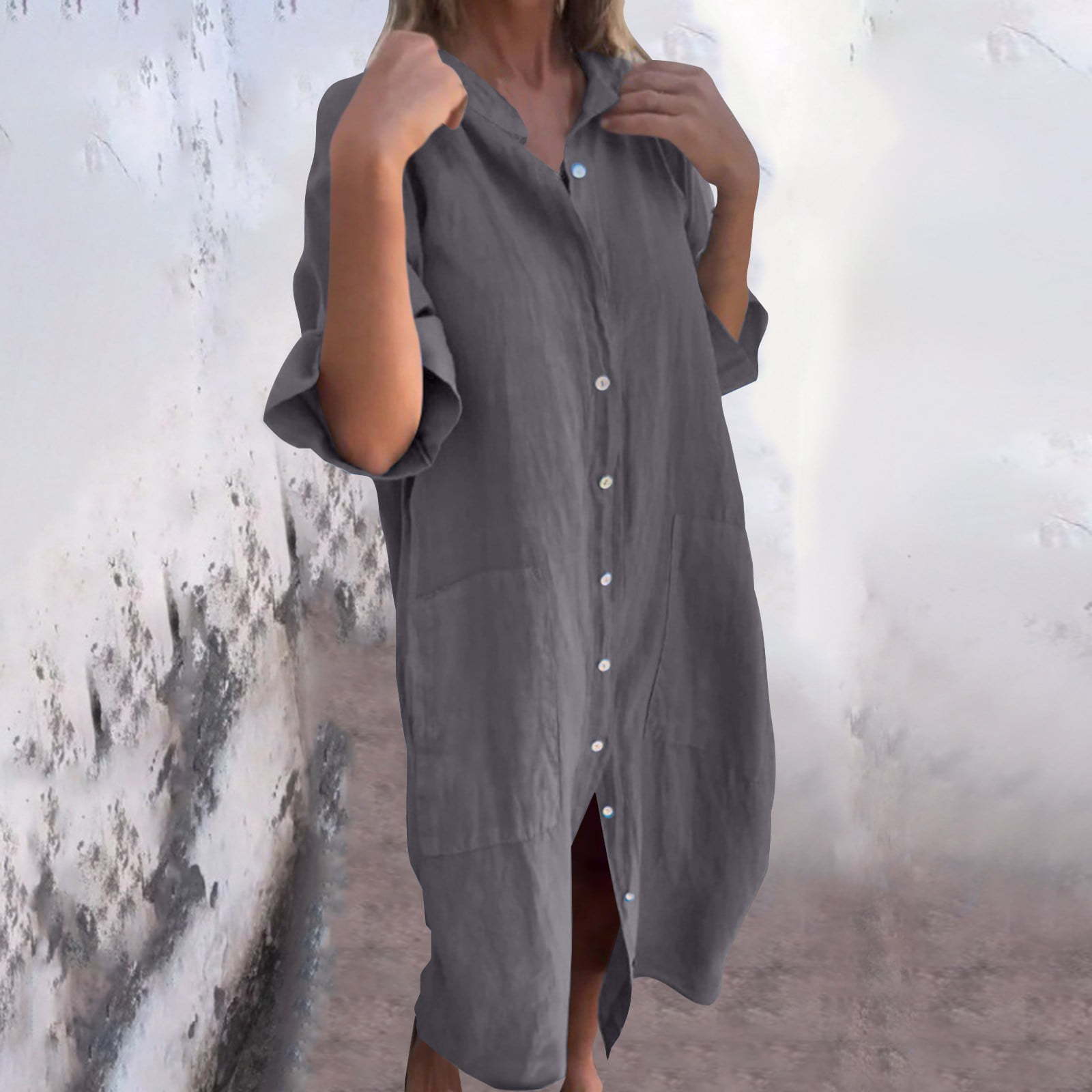 Casual Loose Linen Shirt Dress - Robe chemise ample et décontractée en