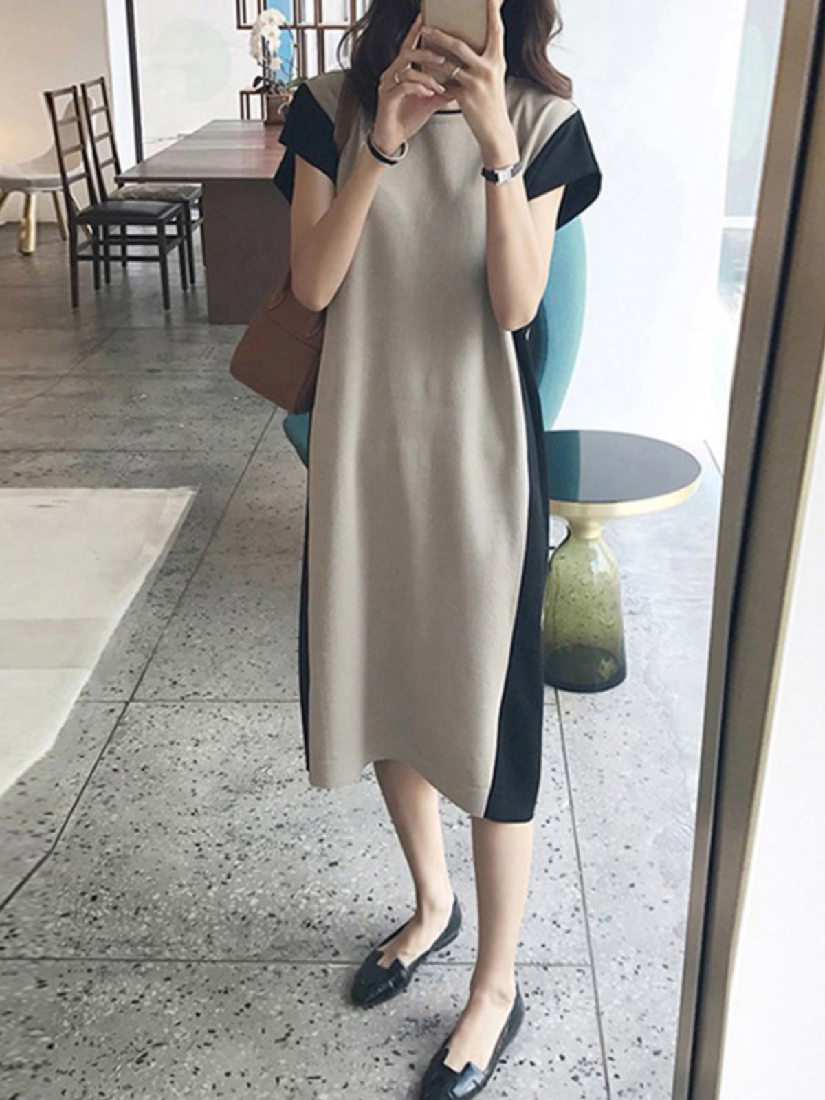 Korean Style A Line Shirt Dress - Robe T-shirt mi-longue amincissante à taille