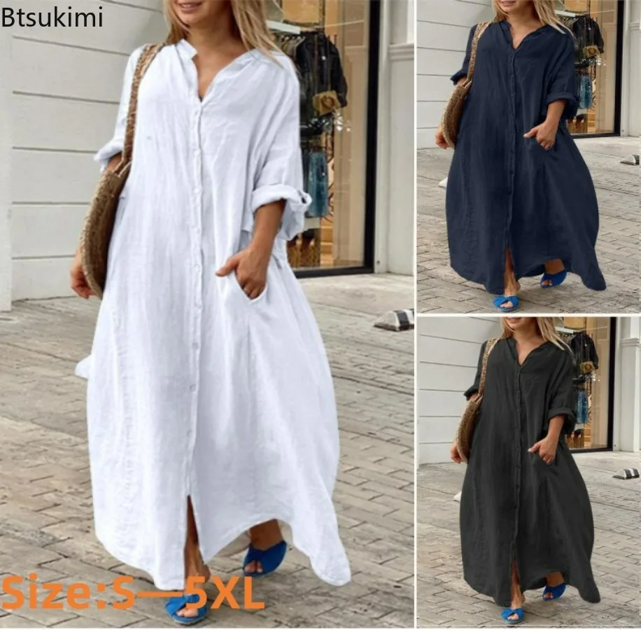 Casual Loose Linen Shirt Dress - Robe longue décontractée en coton et