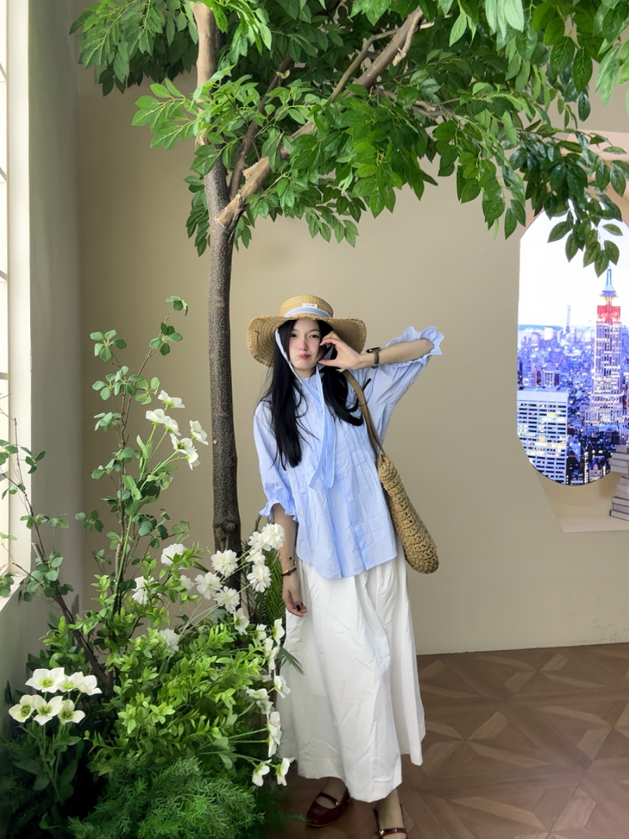 Korean Style A Line Shirt Dress - Ensemble chemise à manches bouffantes bleues