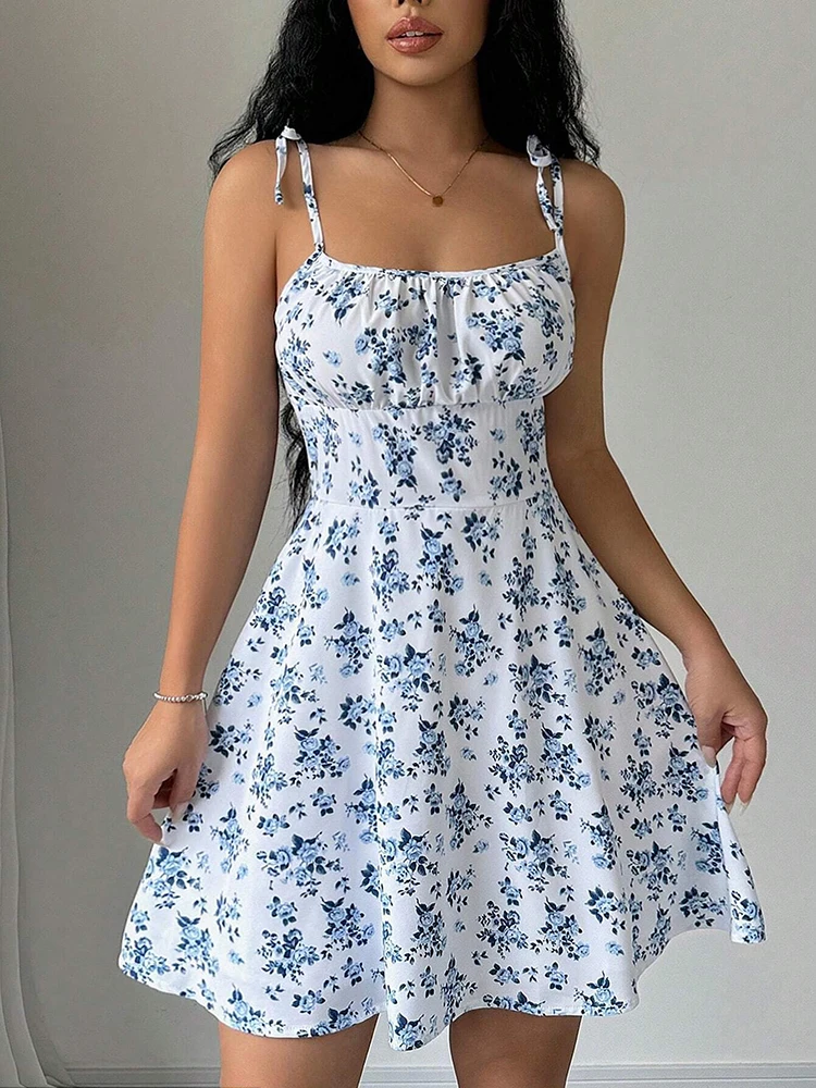 French Vintage Floral Midi Dress - Robe courte de plage à bretelles