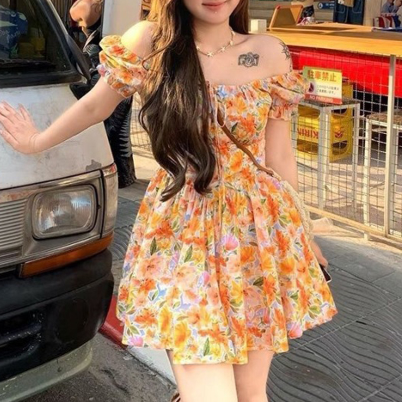Off Shoulder Puff Sleeve Sundress - Robe courte à imprimé floral orange