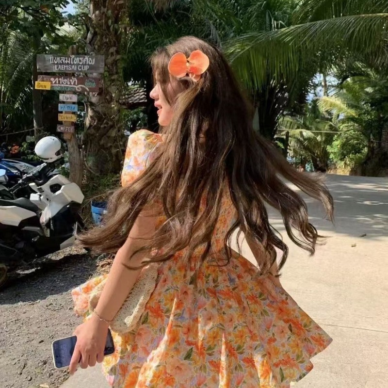 Off Shoulder Puff Sleeve Sundress - Nouvelle Robe Courte Décontractée Orange à