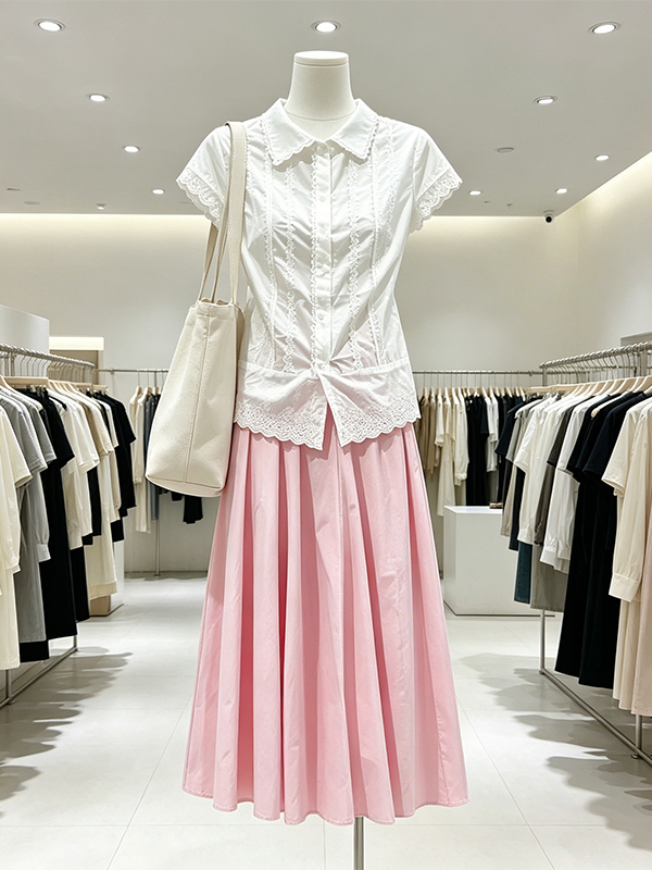 Korean Style A Line Shirt Dress - Ensemble élégant chemise et jupe trapèze