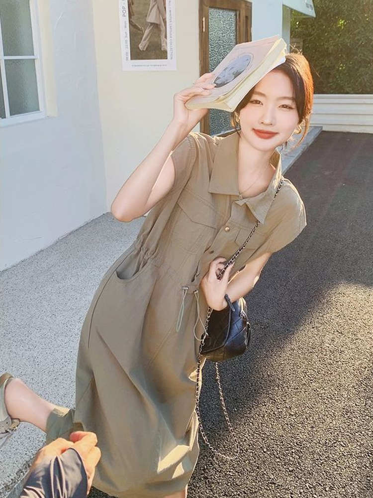 Korean Style A Line Shirt Dress - Robe chemise amincissante grande taille style