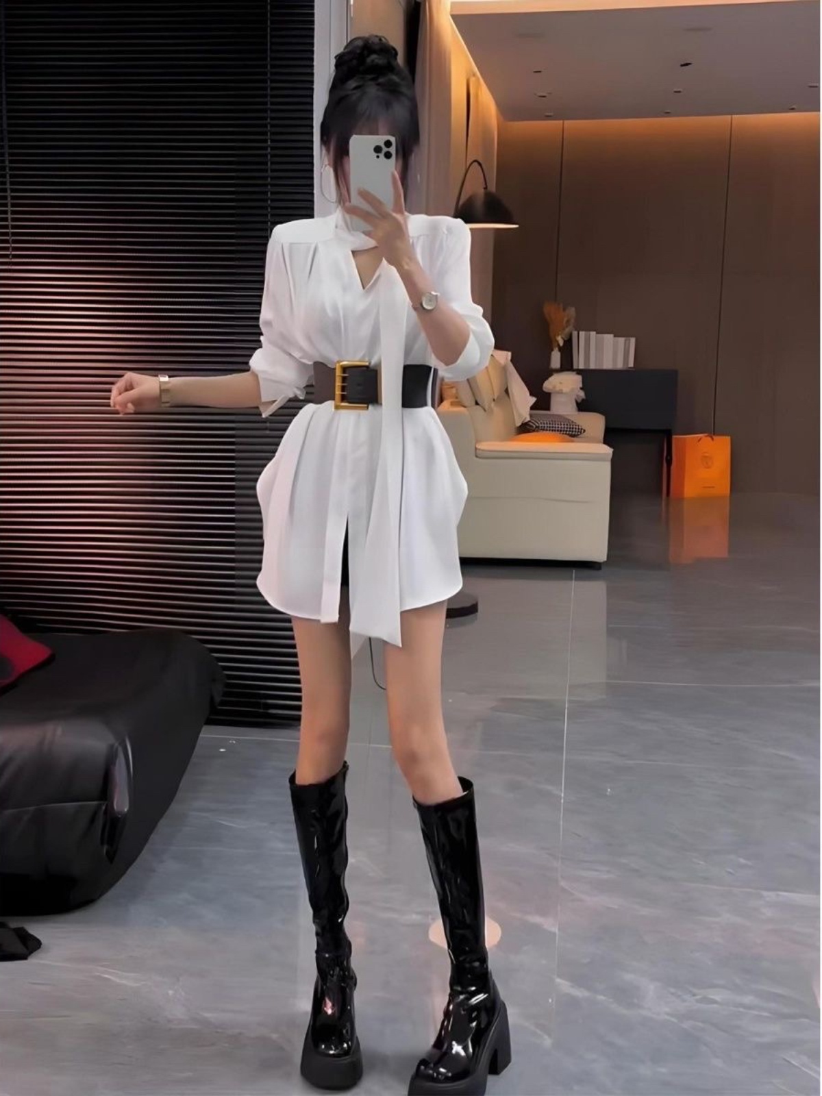 Korean Style A Line Shirt Dress - Robe chemise en soie blanche pour