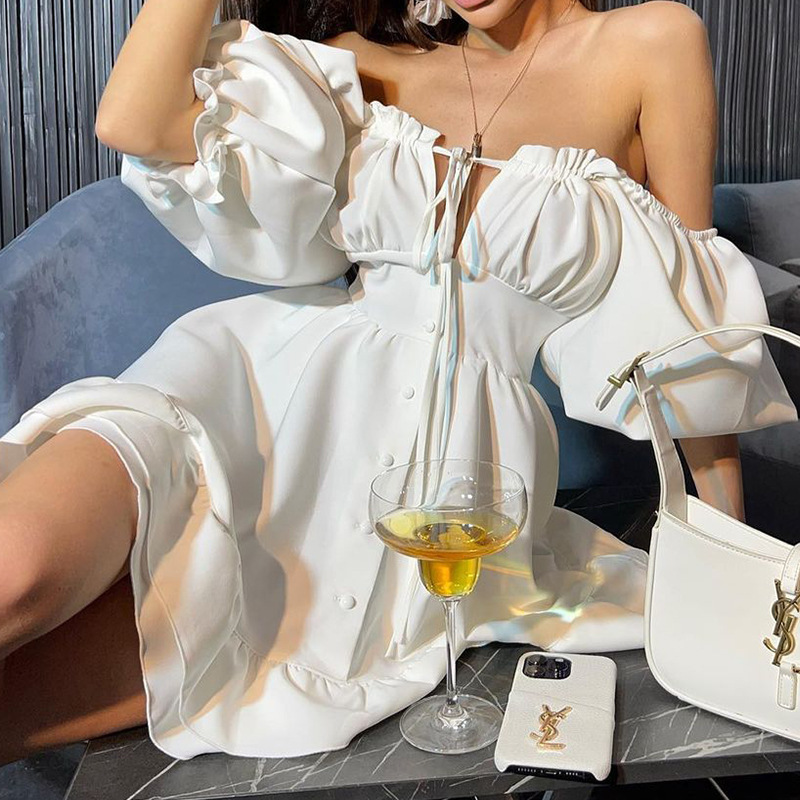 Off Shoulder Puff Sleeve Sundress - Robe Courte d'Été pour Femme, Épaules
