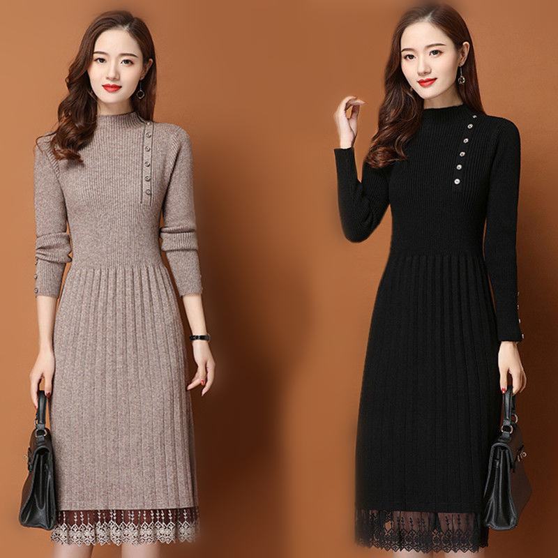 Bodycon Long Sleeve Ribbed Dress - Dentelle ourlet boutons femmes automne hiver