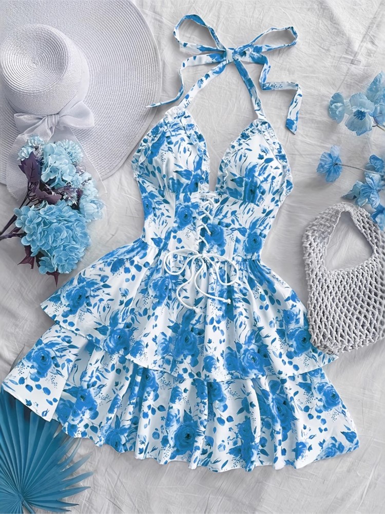 French Vintage Floral Midi Dress - Robe Courte Rétro Style Vacances pour