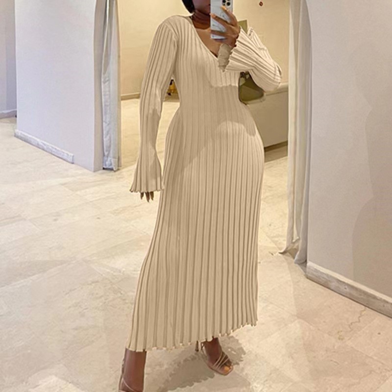 Bodycon Long Sleeve Ribbed Dress - Femme automne col en v jupe