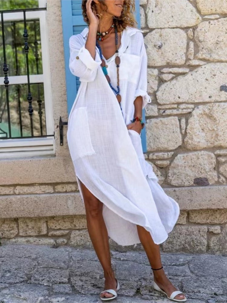 Casual Loose Linen Shirt Dress - Robe chemise à manches longues pour