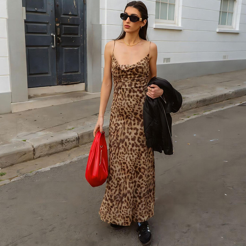 French Vintage Floral Midi Dress - Robe camisole Vintage imprimé léopard, Sexy,