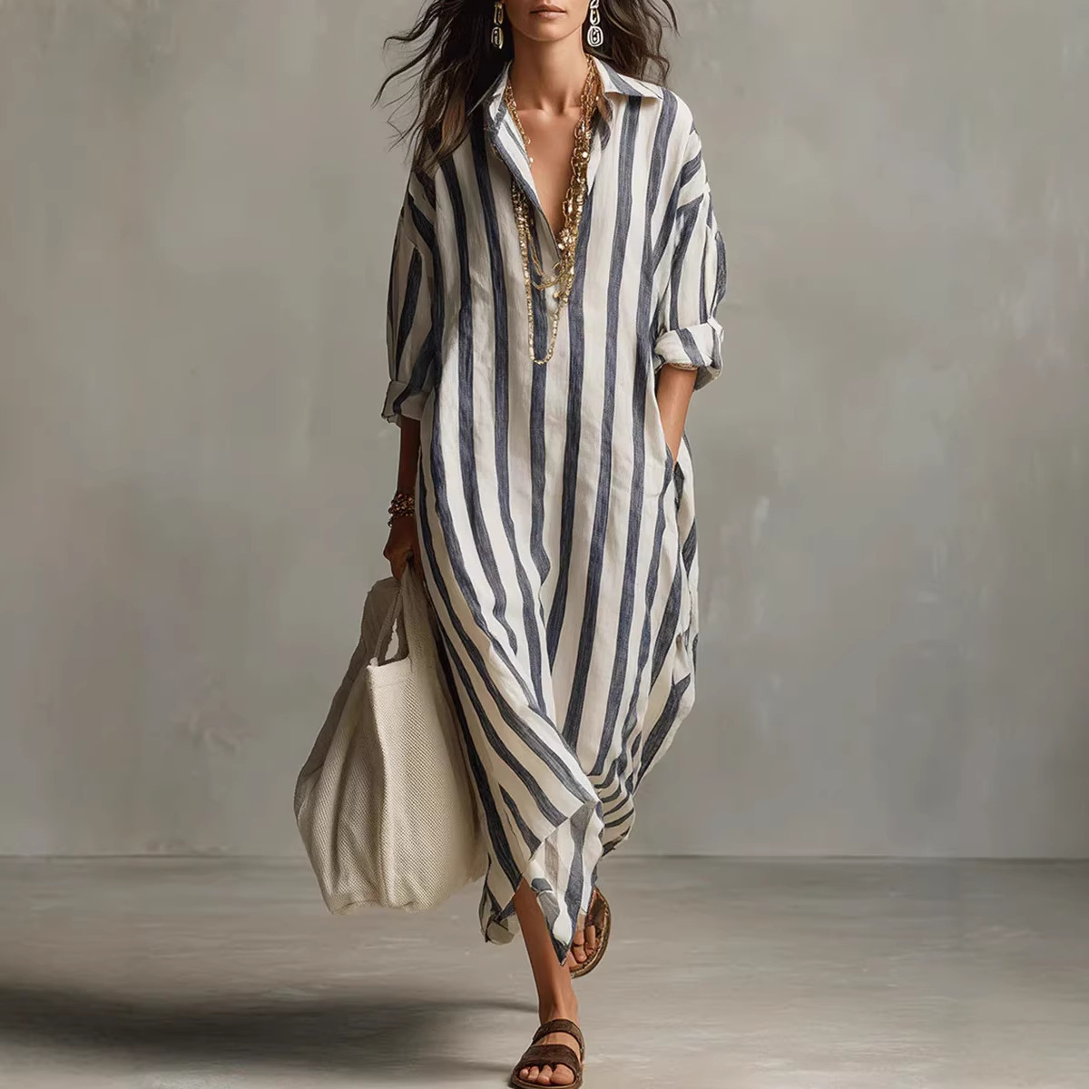Casual Loose Linen Shirt Dress - Robe longue décontractée et élégante en