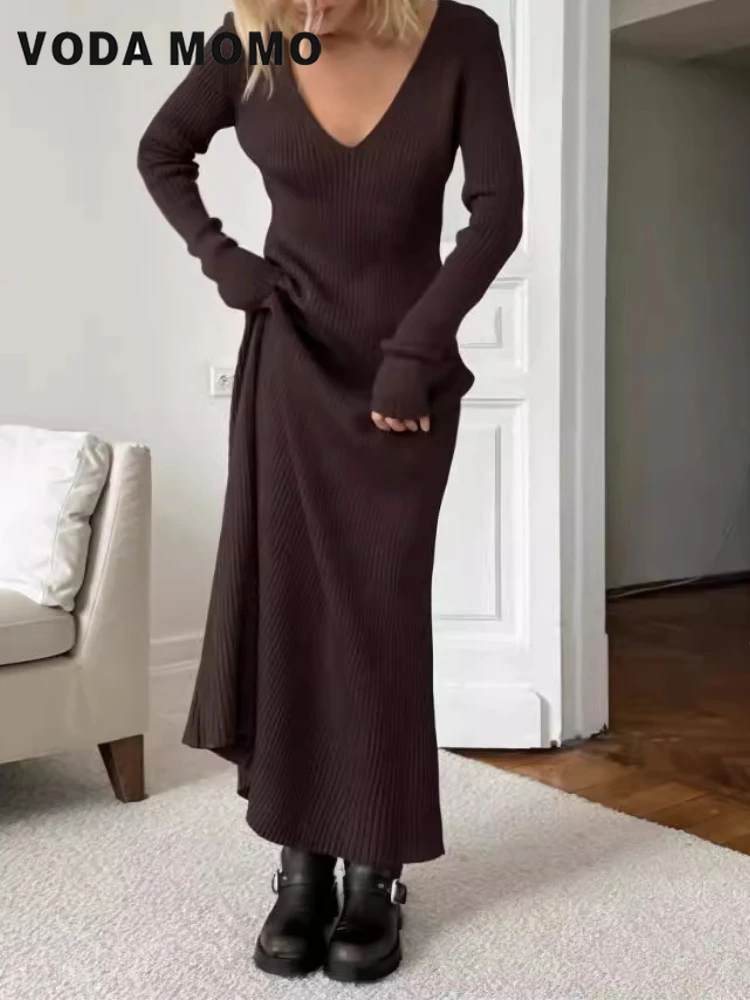 Bodycon Long Sleeve Ribbed Dress - Manches longues polyvalent moulante Maxi Robes