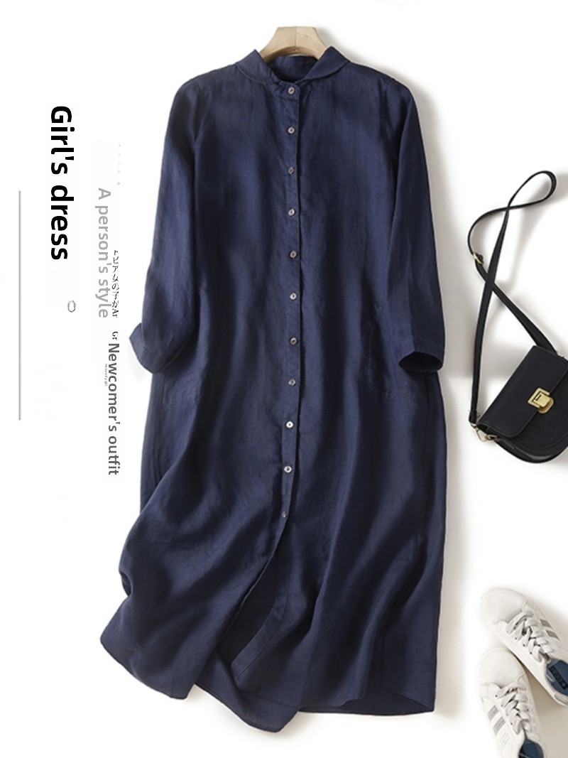 Casual Loose Linen Shirt Dress - Robe chemise décontractée en mélange lin-coton