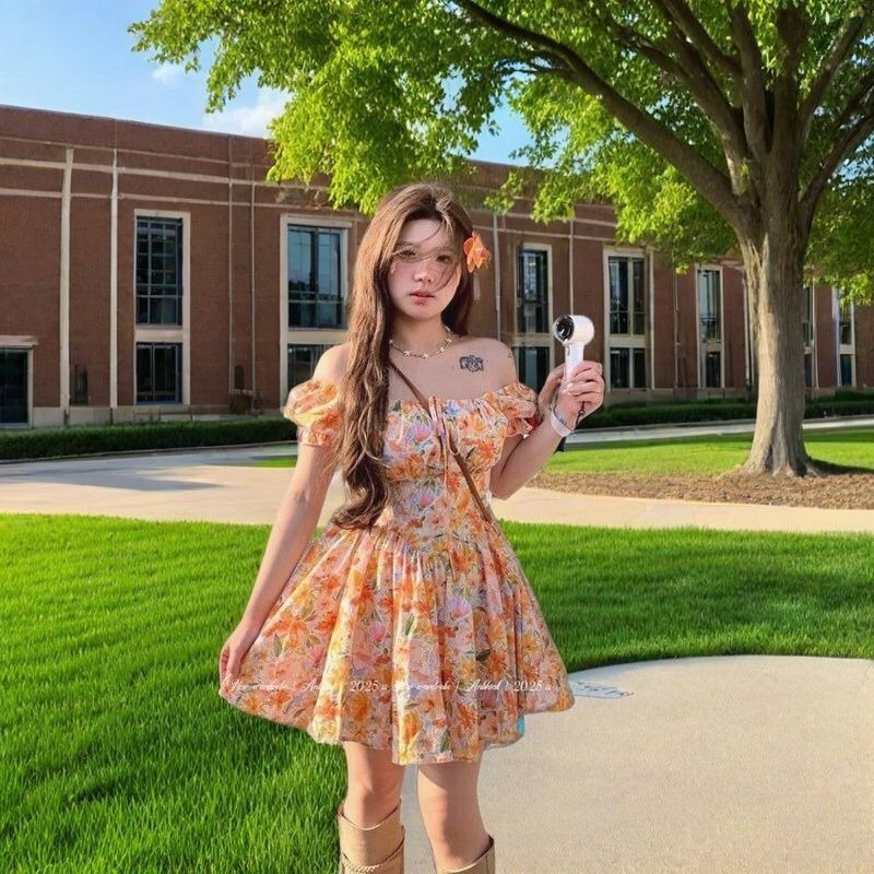 Off Shoulder Puff Sleeve Sundress - Robe Courte Décontractée Orange à Imprimé