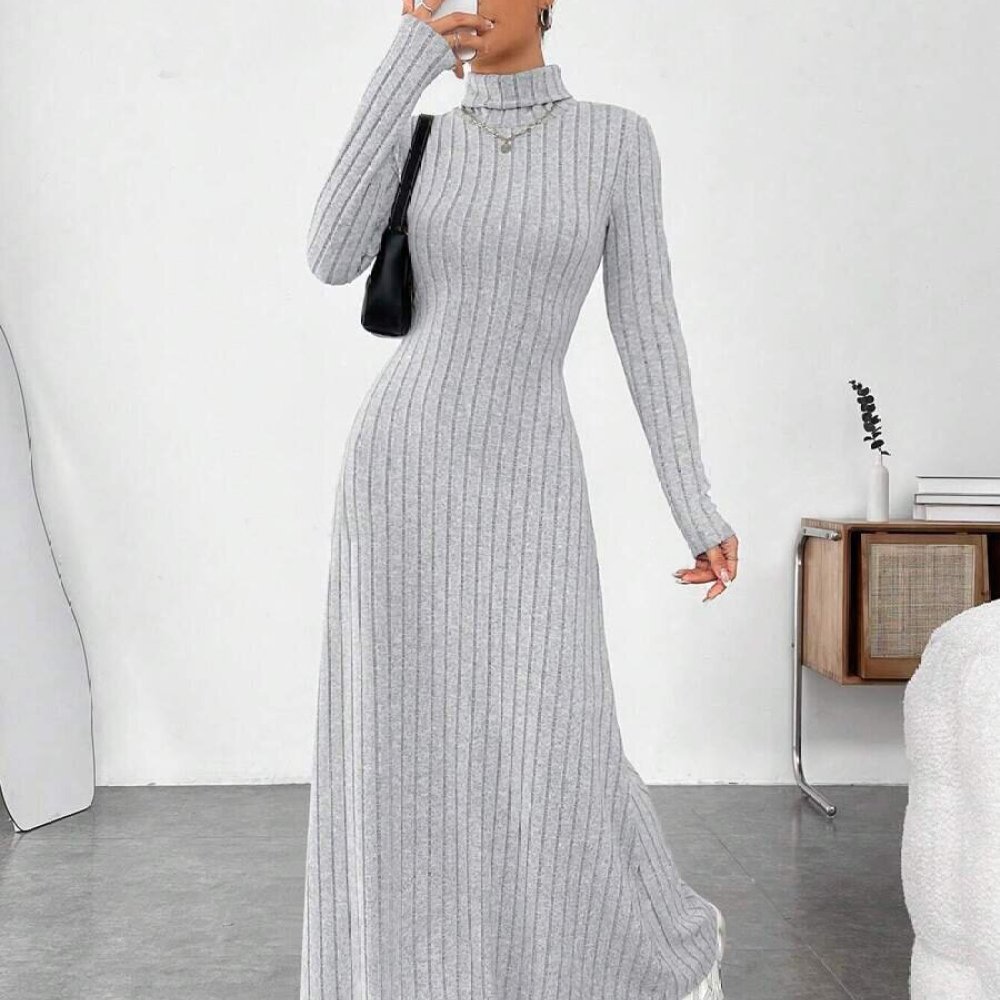 Robe élégante d'automne à col  - Bodycon Long Sleeve Ribbed Dress avis et prix