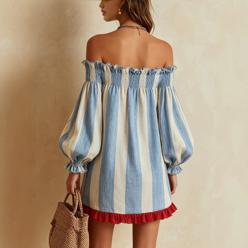 Robe courte ample bohème pour  - Off Shoulder Puff Sleeve Sundress avis et prix