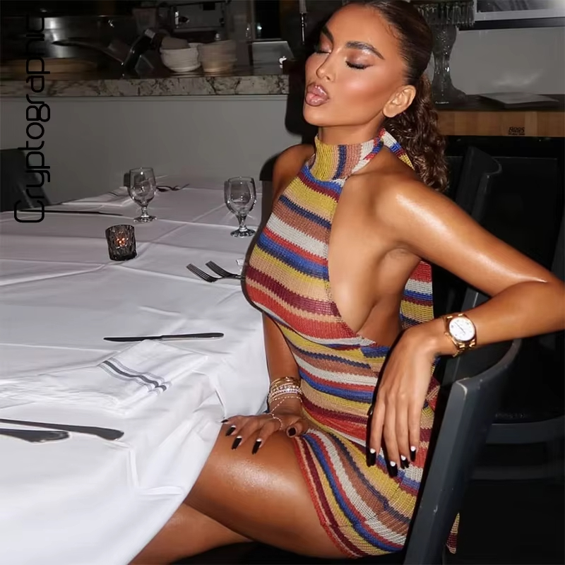 Robe Courte Tricotée Rayée à C - Y2K Backless Halter Mini Dress avis et prix