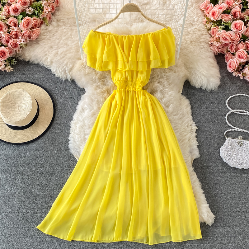 Robe de Plage Jaune pour Femme - Off Shoulder Puff Sleeve Sundress avis et prix