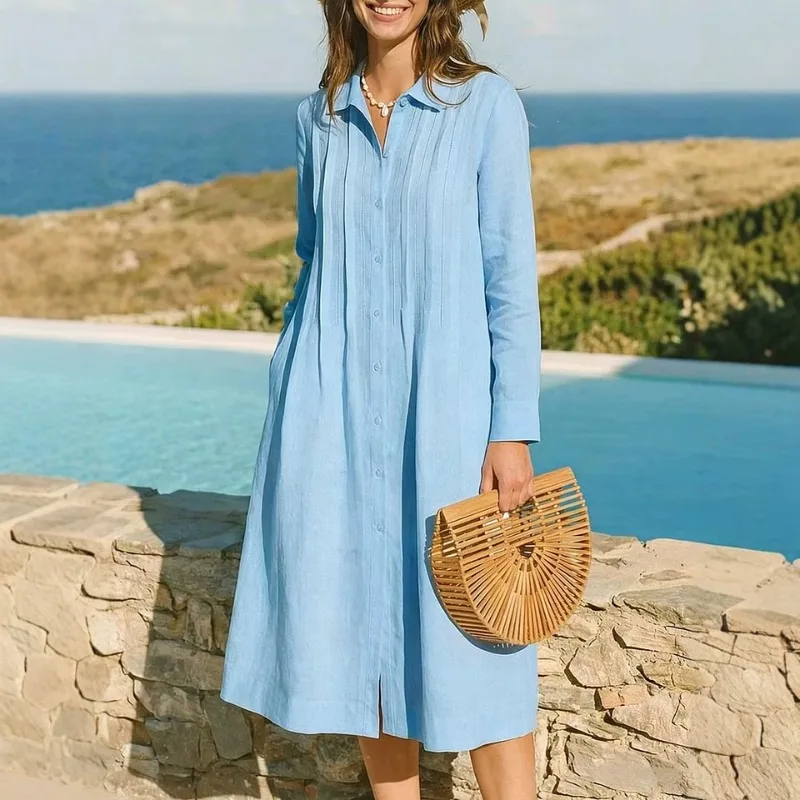 Robe longue unie européenne, a - Casual Loose Linen Shirt Dress avis et prix