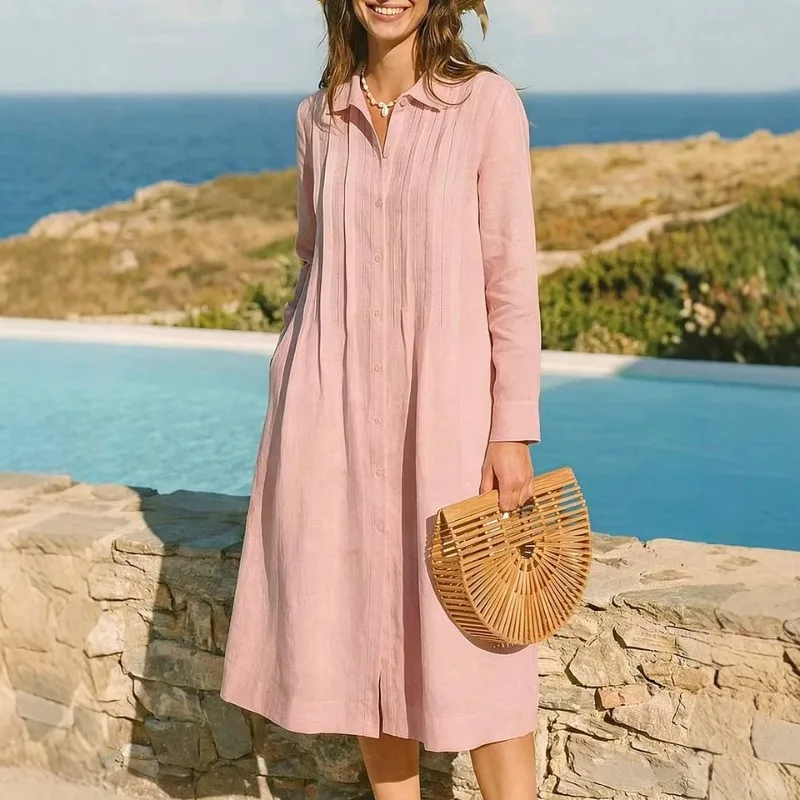 Robe longue unie européenne, a - Casual Loose Linen Shirt Dress avis et prix
