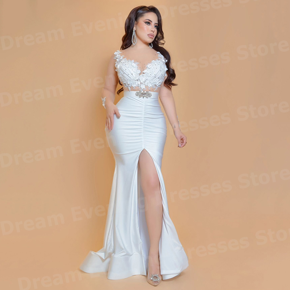 Robes de soirée sirène blanche - Elegant Satin Evening Gown Split avis et prix