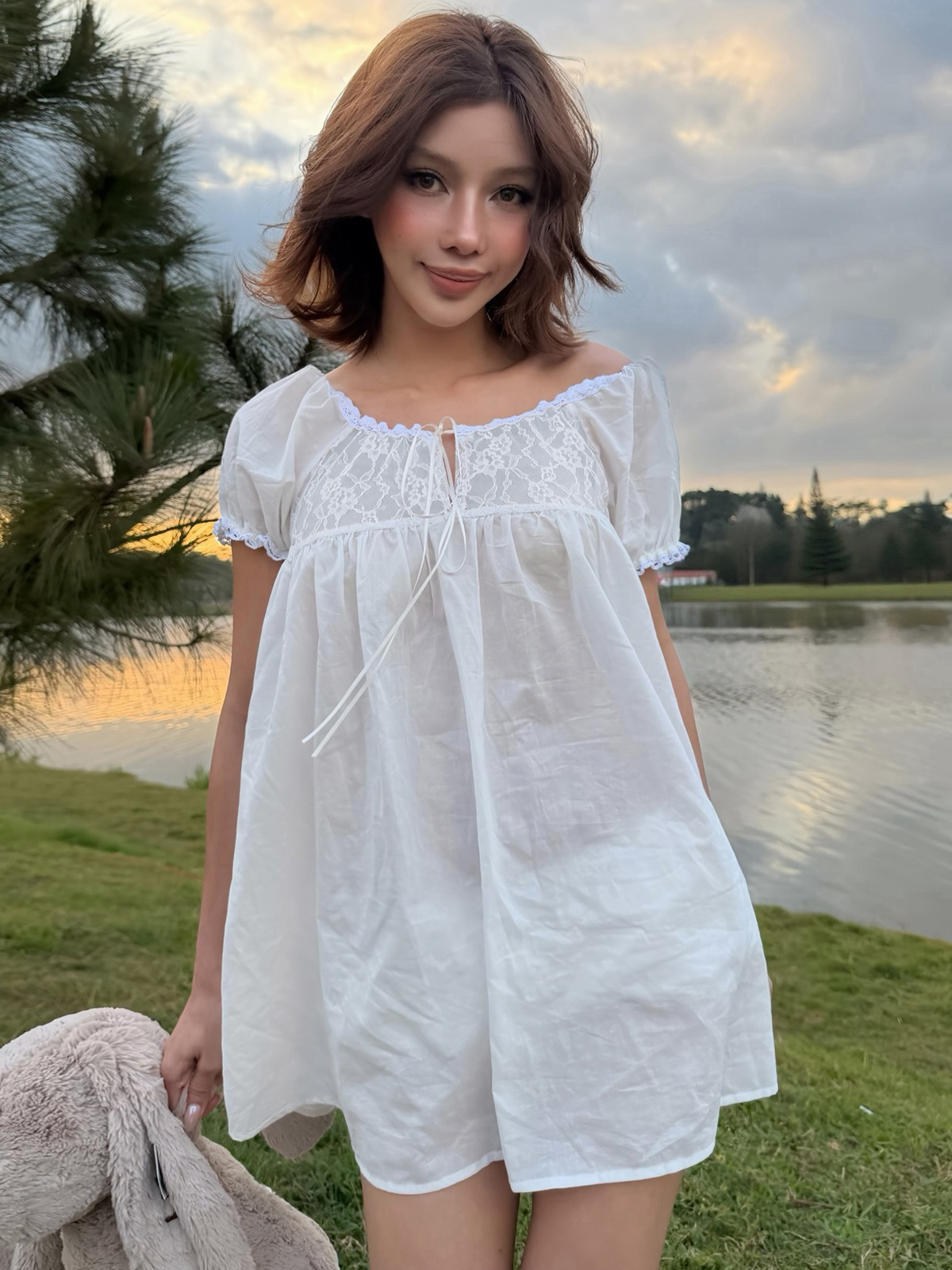 Robe mini blanche en dentelle  - Off Shoulder Puff Sleeve Sundress avis et prix