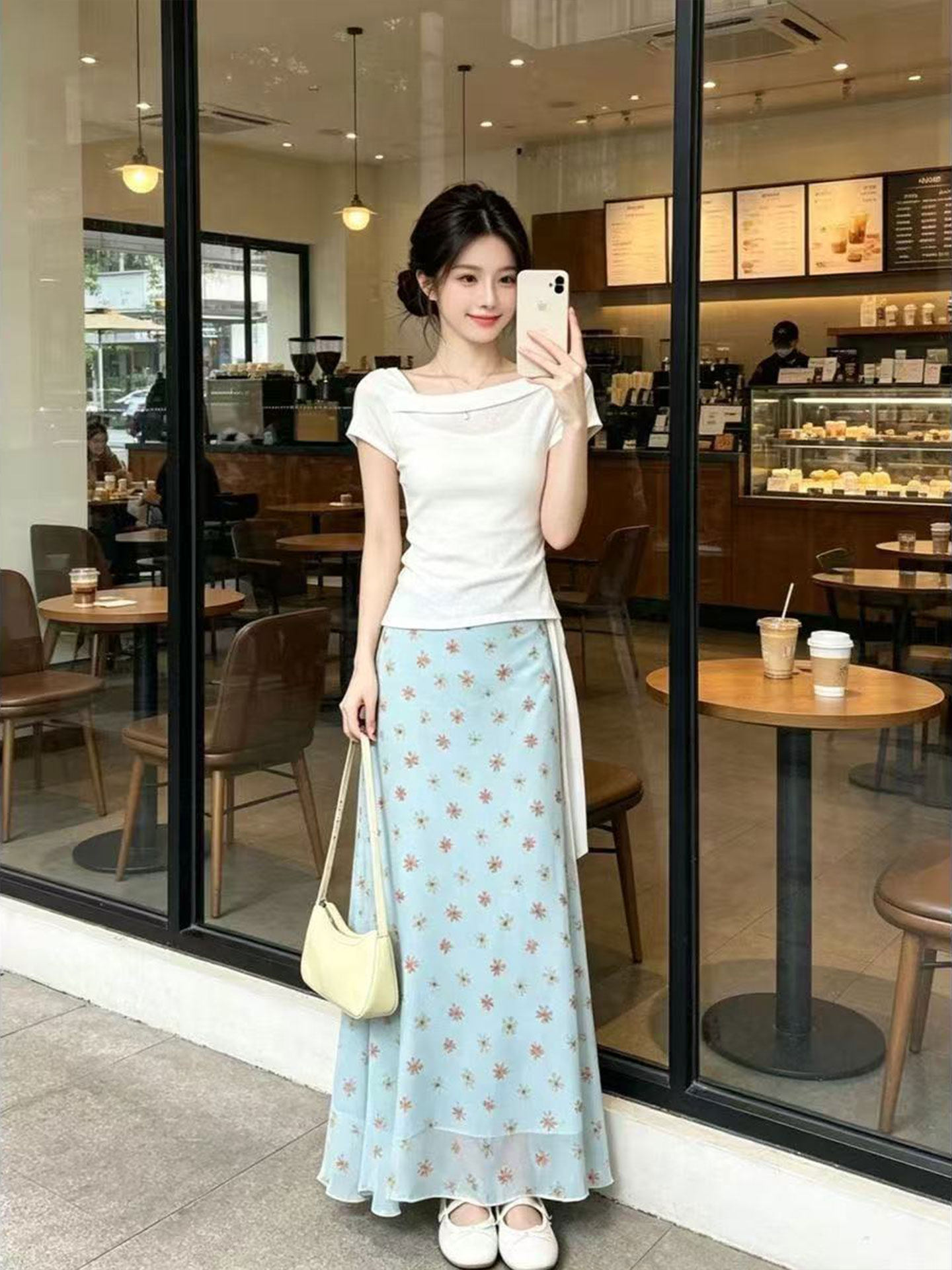 Ensemble jupe mi-longue floral - Korean Style A Line Shirt Dress avis et prix
