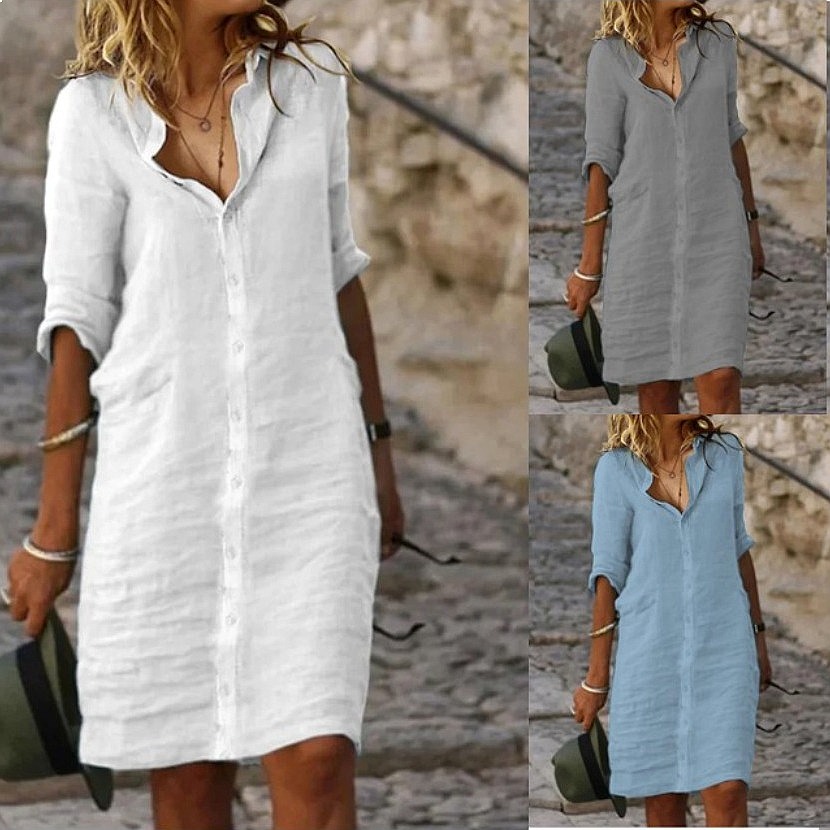 Robe chemise mi-longue ample à - Casual Loose Linen Shirt Dress avis et prix