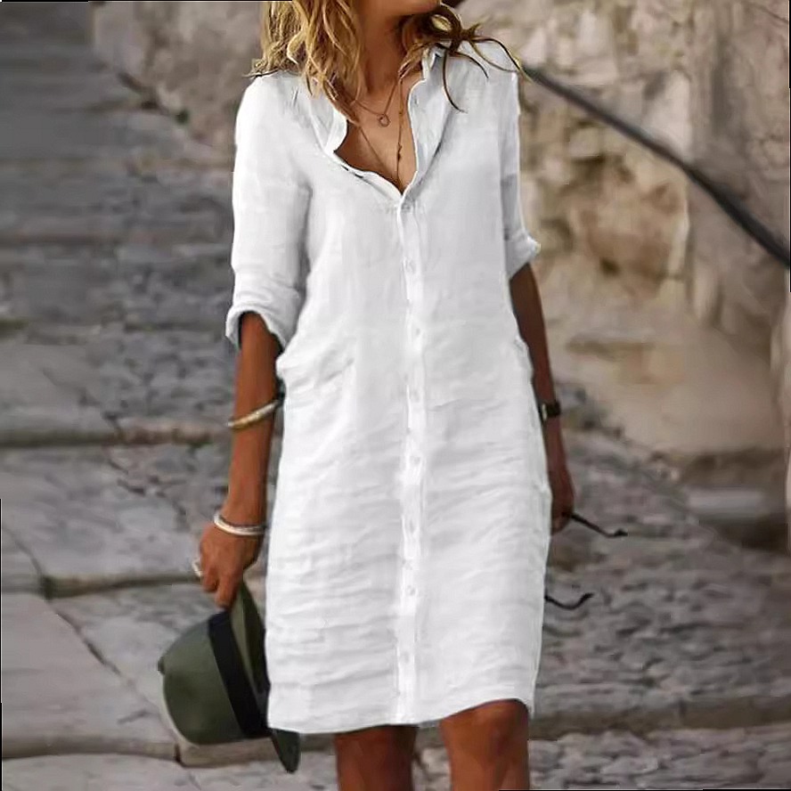 Robe chemise mi-longue ample à - Casual Loose Linen Shirt Dress avis et prix