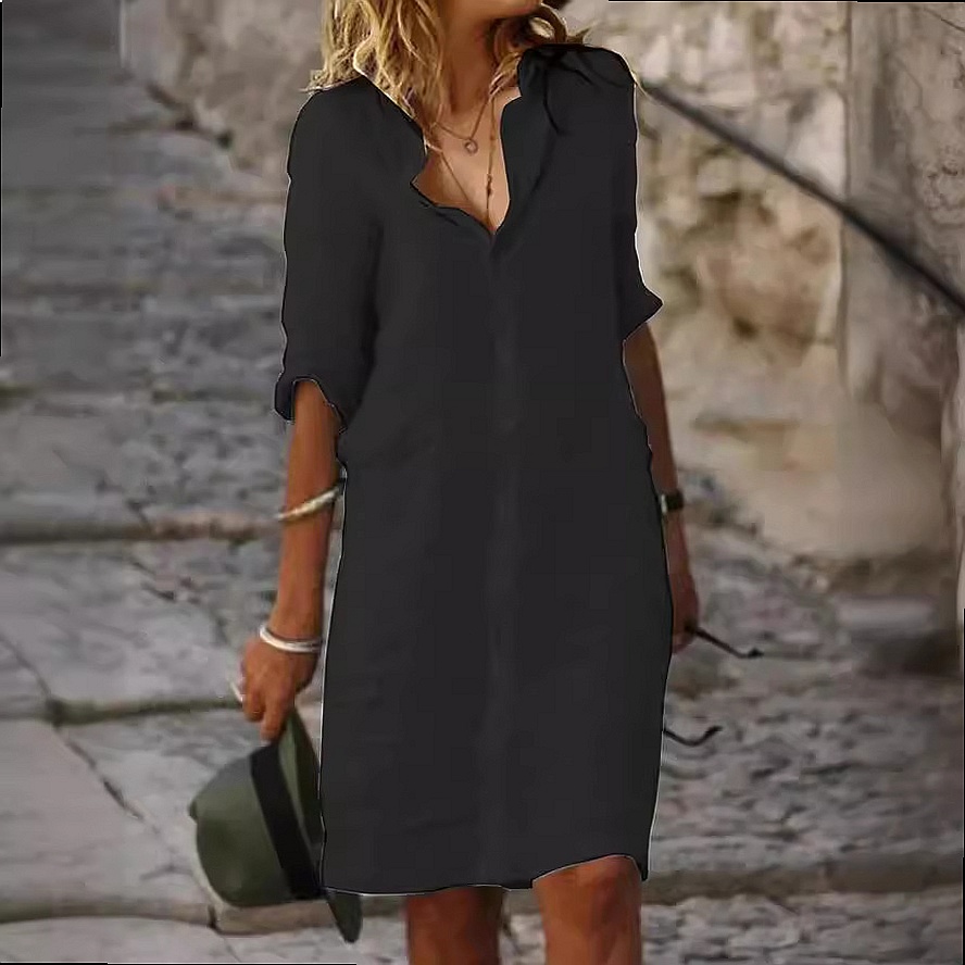 Robe chemise mi-longue ample à - Casual Loose Linen Shirt Dress avis et prix