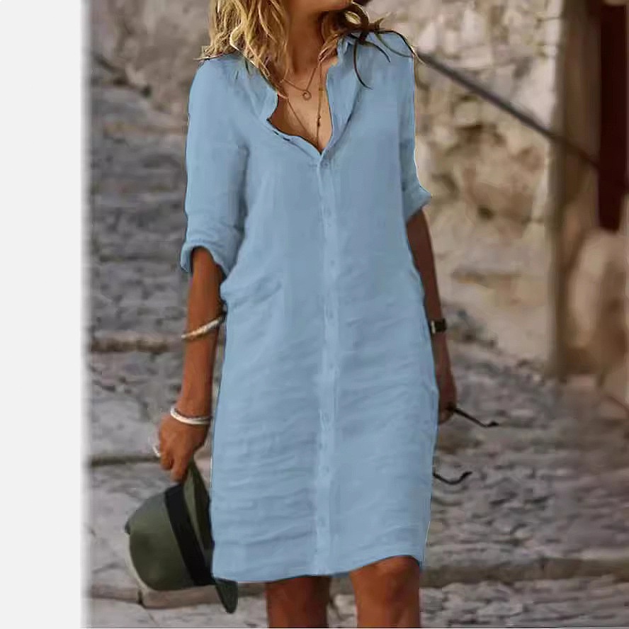 Robe chemise mi-longue ample à - Casual Loose Linen Shirt Dress avis et prix