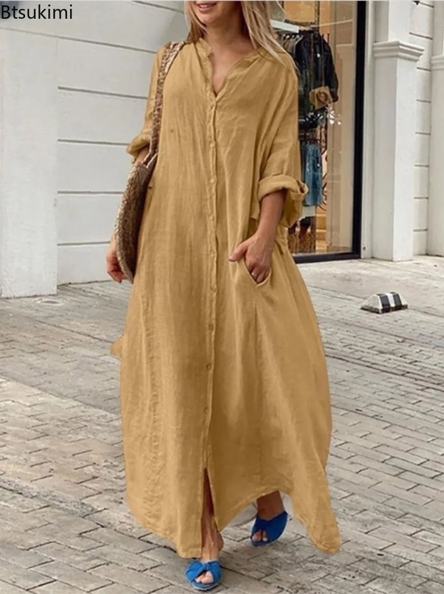 Robe longue décontractée en co - Casual Loose Linen Shirt Dress avis et prix