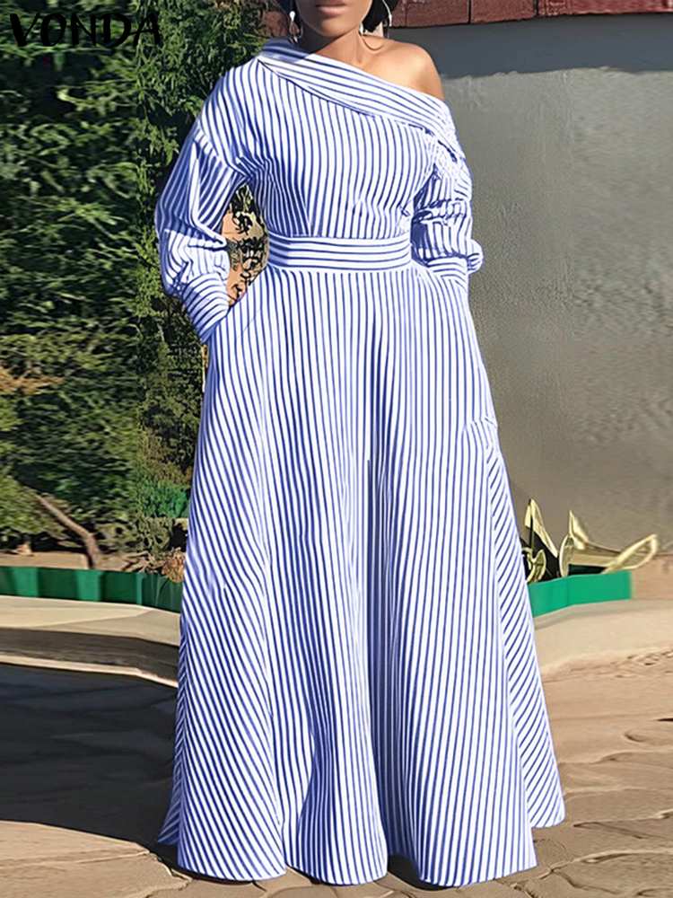 VONDA-Robe maxi rayée élégante - Off Shoulder Puff Sleeve Sundress avis et prix