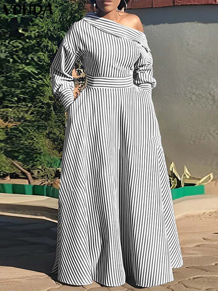 VONDA-Robe maxi rayée élégante - Off Shoulder Puff Sleeve Sundress avis et prix