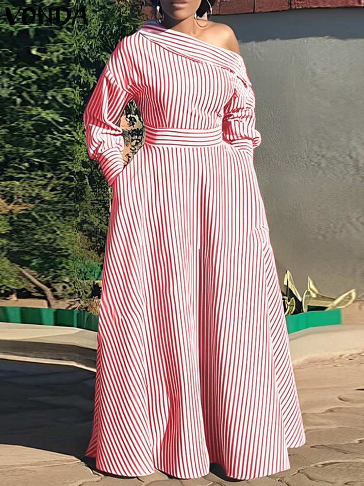 VONDA-Robe maxi rayée élégante - Off Shoulder Puff Sleeve Sundress avis et prix