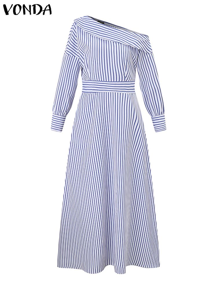 VONDA-Robe maxi rayée élégante - Off Shoulder Puff Sleeve Sundress avis et prix