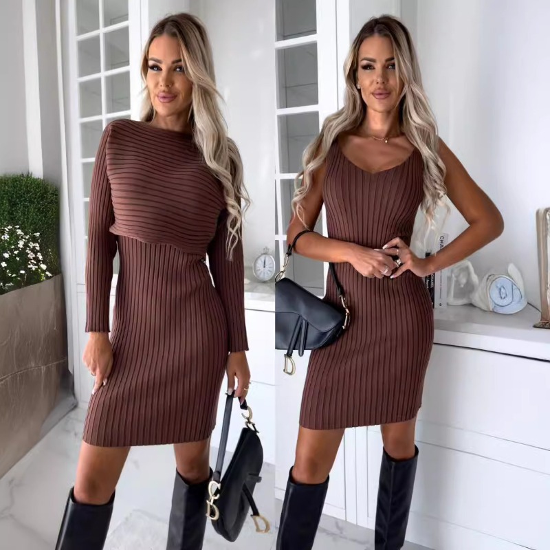 Nouvel ensemble chic et sexy 2 - Bodycon Long Sleeve Ribbed Dress avis et prix
