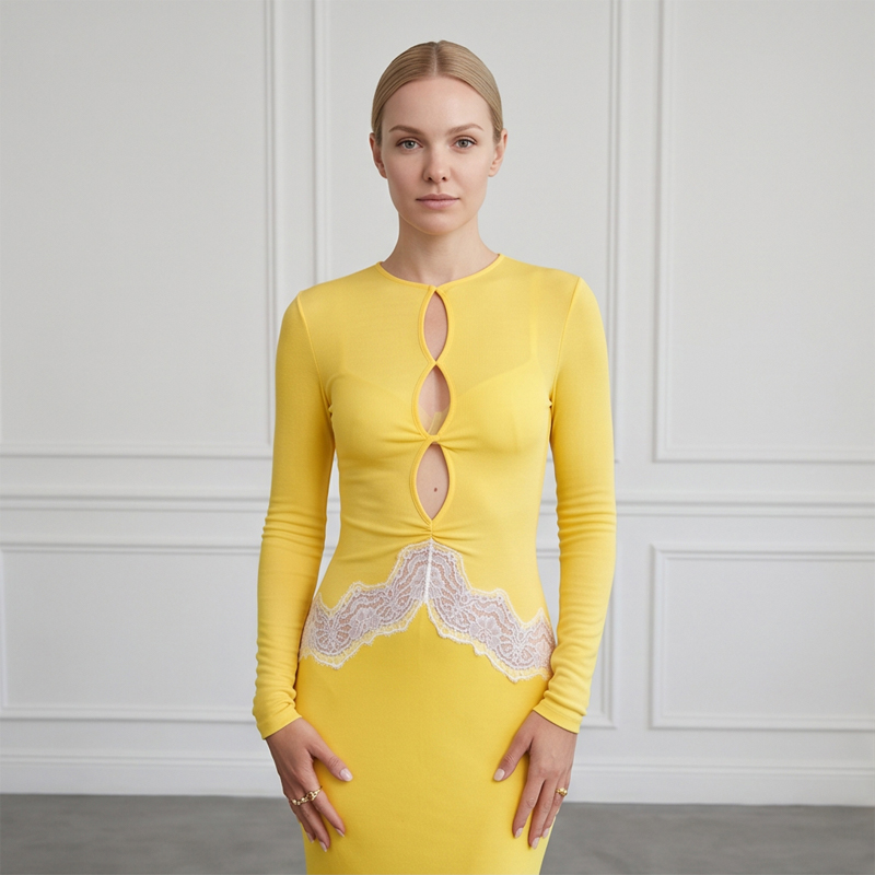 Robe longue moulante jaune en  - Bodycon Long Sleeve Ribbed Dress avis et prix