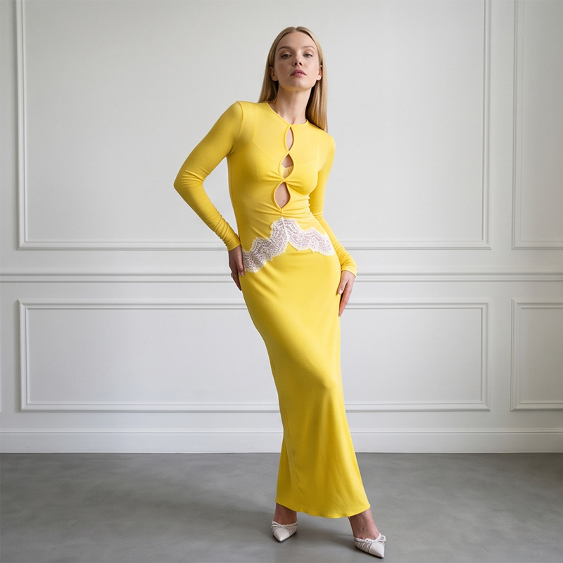 Robe longue moulante jaune en  - Bodycon Long Sleeve Ribbed Dress avis et prix