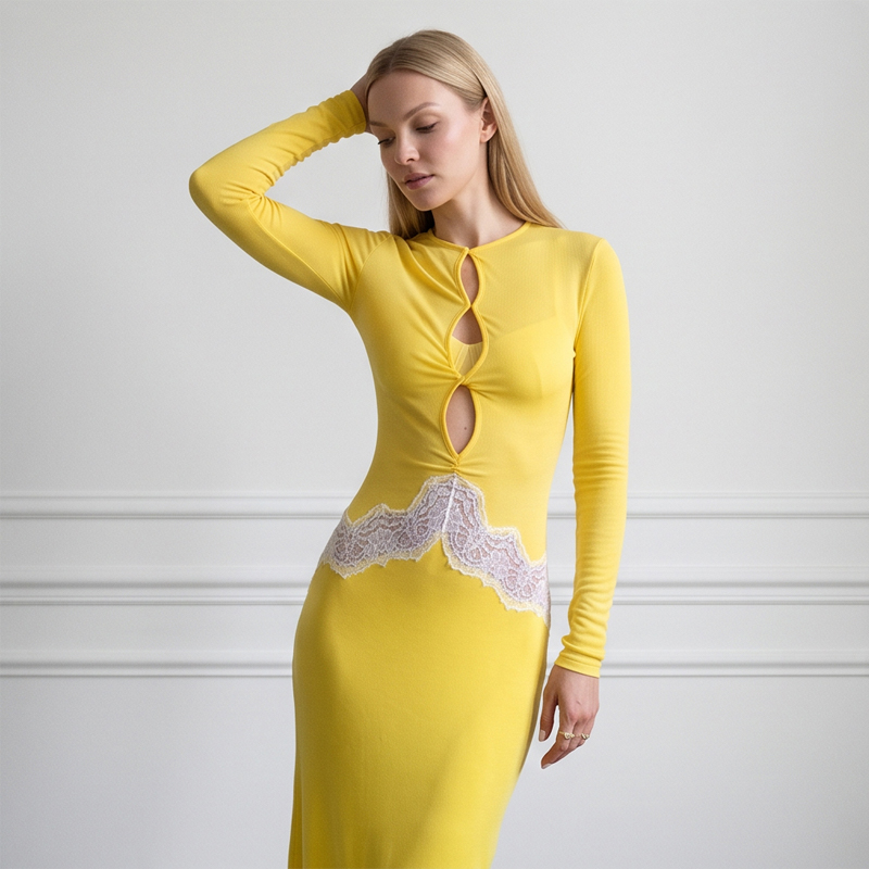 Robe longue moulante jaune en  - Bodycon Long Sleeve Ribbed Dress avis et prix